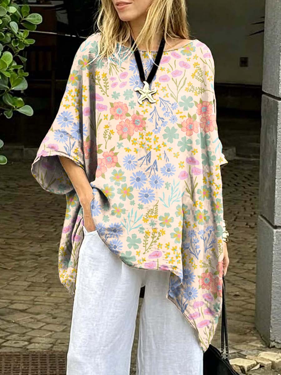 Women's Floral Art Print Casual Cotton Long Shirt