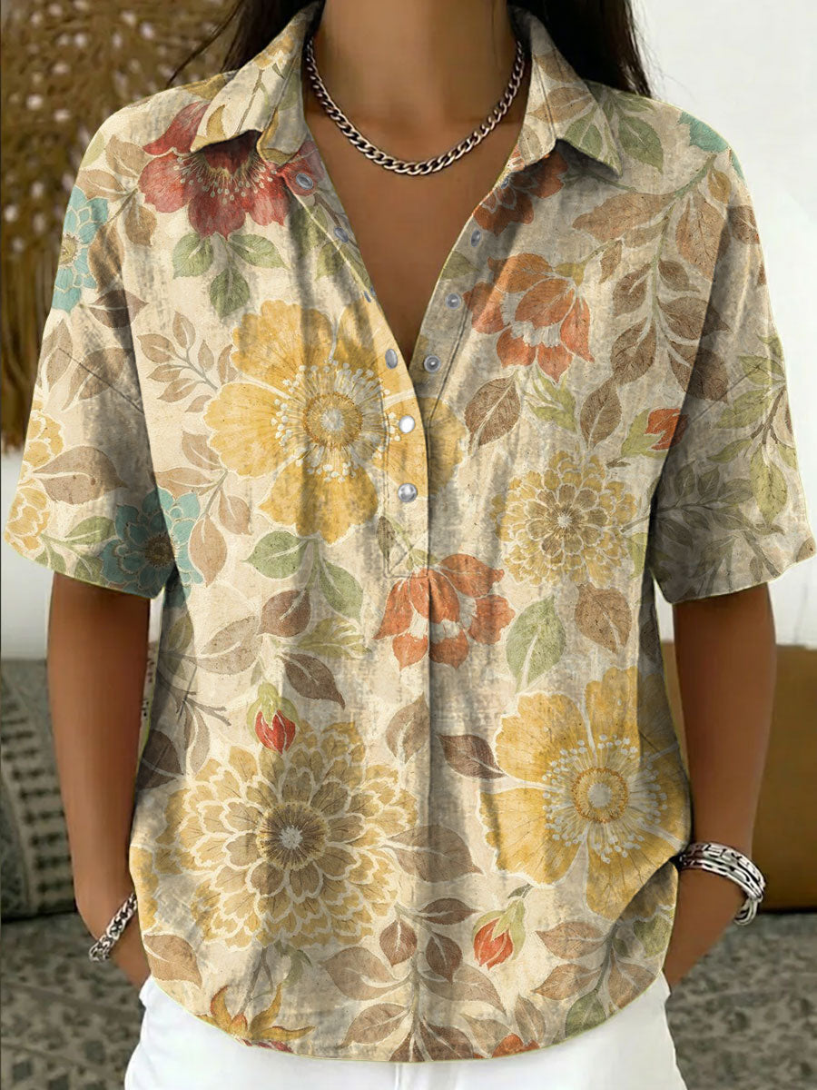 Women's Vintage Botanical Floral Casual Polo Collar Short-sleeved Linen And Cotton Shirt