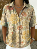 Women's Vintage Botanical Floral Casual Polo Collar Short-sleeved Linen And Cotton Shirt