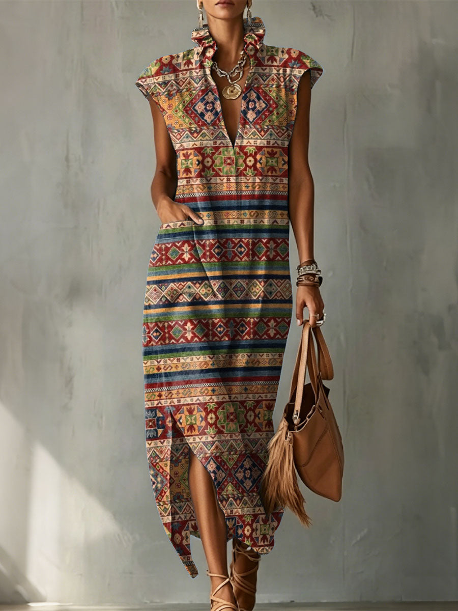 Exotic Vintage Horizontal Stripe Decorative Pattern Women's No Sleeve Linen Cotton Dress