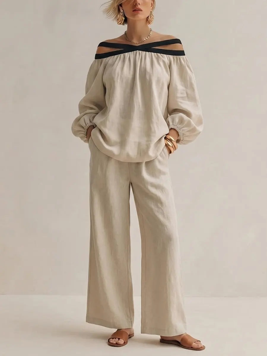 Women's Loose-fit Linen Off-shoulder Set