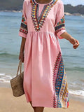 Women's CasualRound Neck Mid Sleeve Print Cotton and Linen Dress