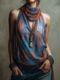 Women's Stand-collar Sleeveless Loose-fit Casual Plaid Top