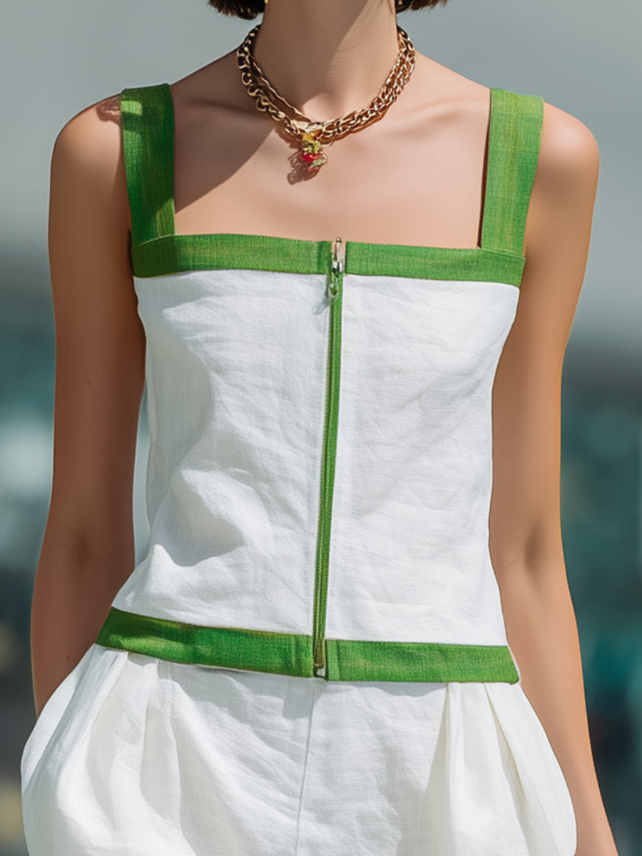 White & Green Trim Linen Cotton Square Neck Camisole & Wide Leg Pants Set