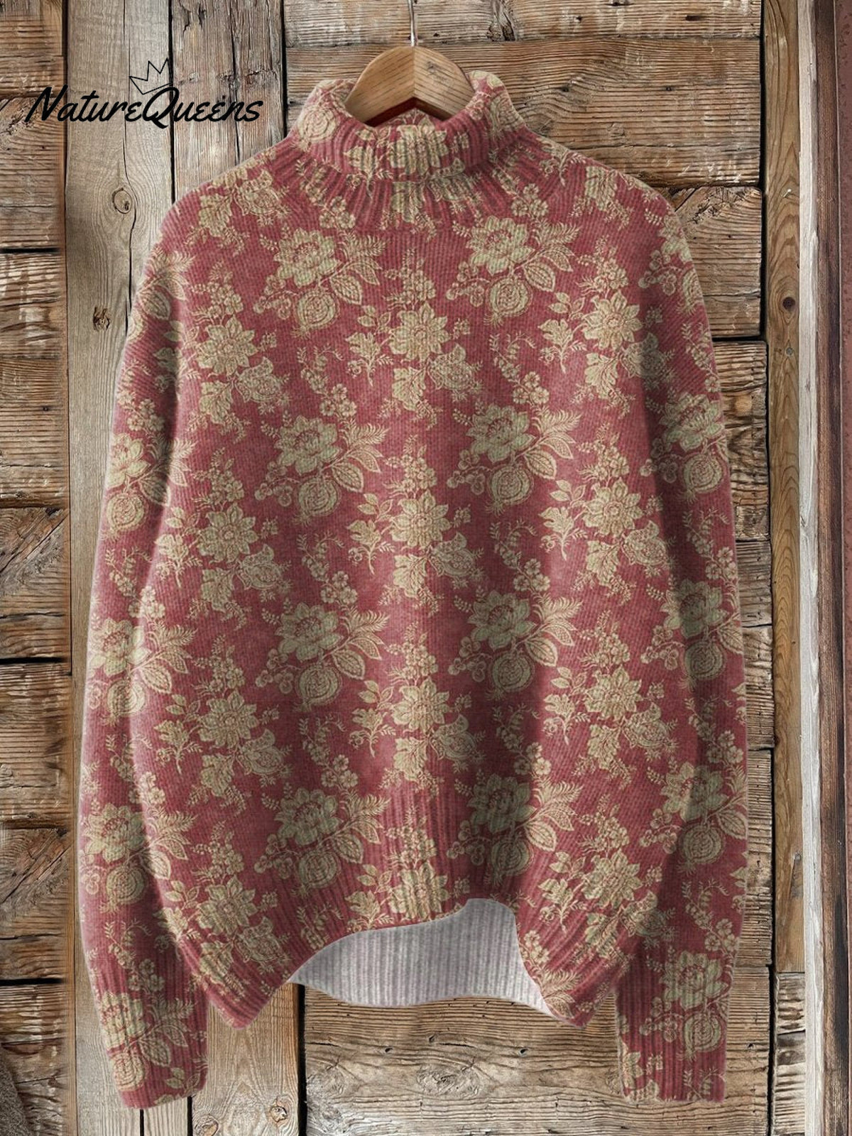 Vintage Style Floral Pattern Printed Knit Turtleneck Pullover Sweater