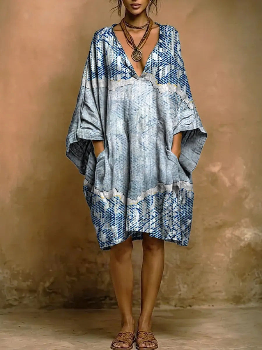Women's Patchwork Pattern Print Short-sleeve Cotton-linen Dress
