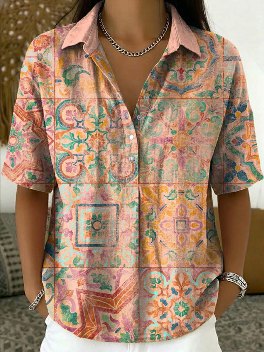 Bohemian Ethnic Totem Print Short-sleeve Collared Shirt With Half-button Placket