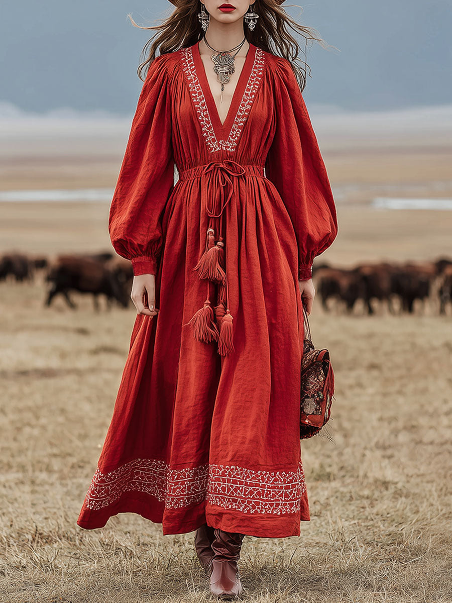 Western-style Vintage Embroidered Red Cotton And Linen Maxi Dress