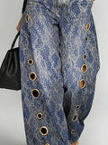 Women's Retro Floral Art Print Casual Stylish Hollow Denim Pants