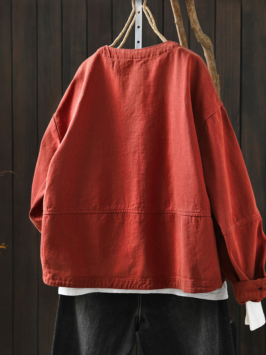 Women Winter Artsy Pure Color O-Neck 100%Cotton Shirt