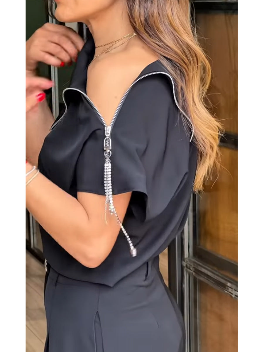 Elegant And Polished Two-piece Set: Half-zip Collared Top And Trousers