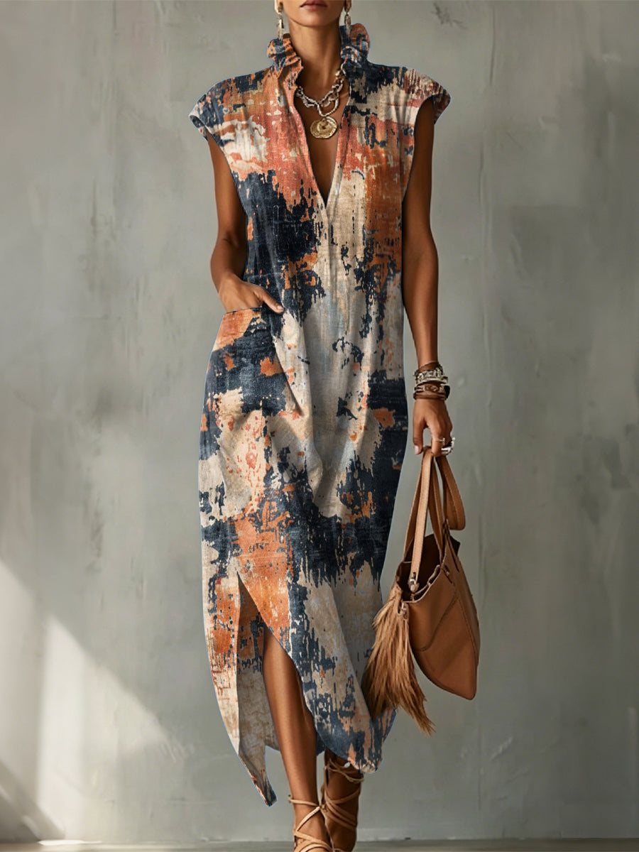 Gradient Decorative Pattern Women's No Sleeve Bud Collar Linen Cotton Dress