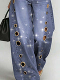 Women's Shinny Art Print Casual Stylish Hollow Denim Pants