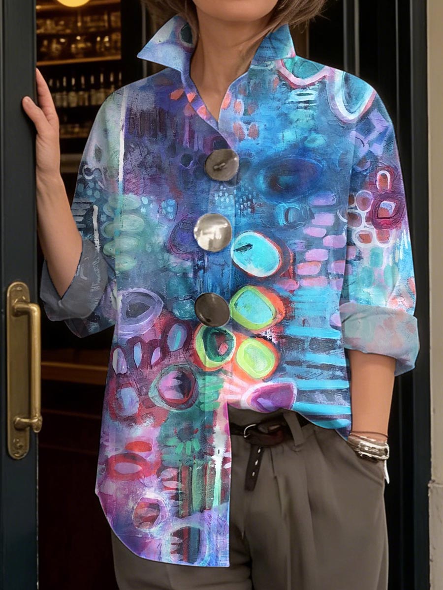 Women's Abstract Art Print Casual Cotton Shirt