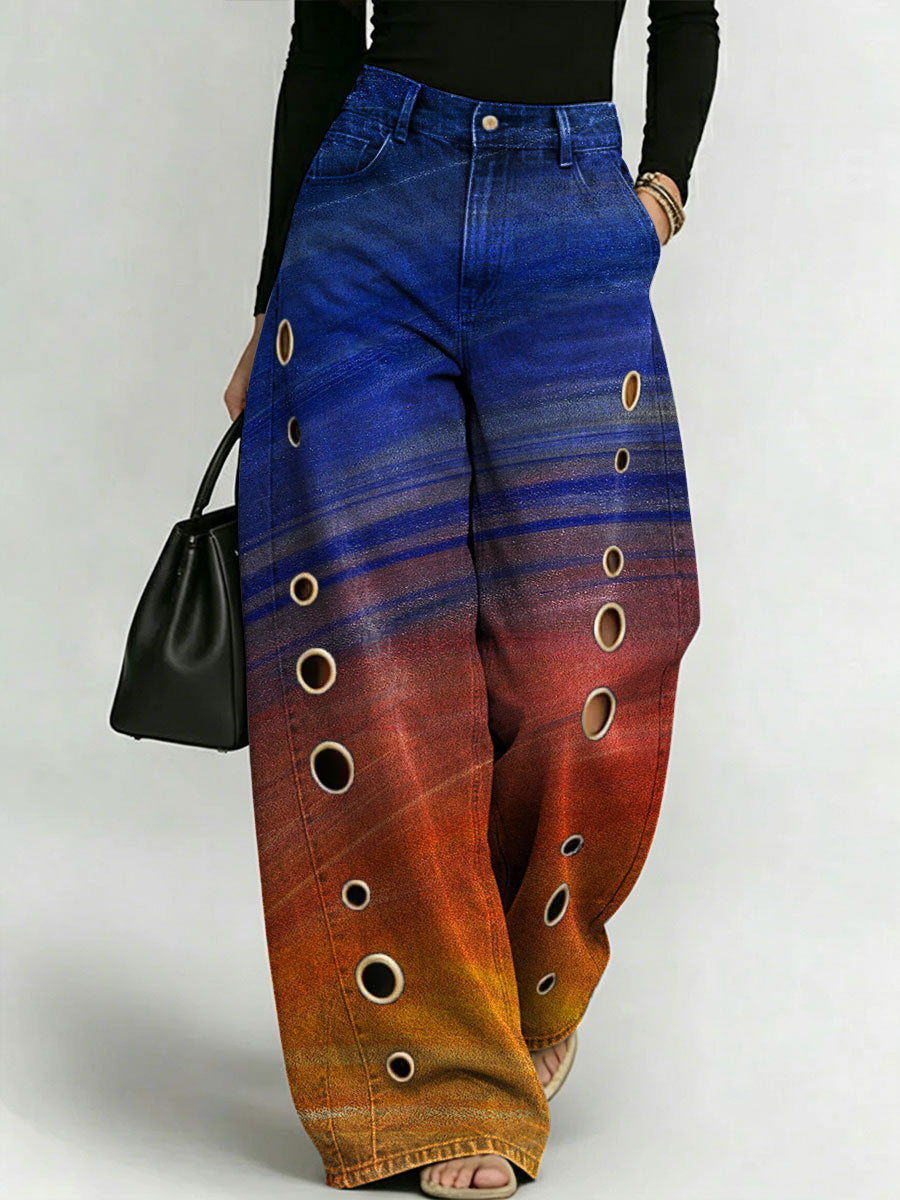 Women's Retro Gradient Pattern Printed Stylish Cutout Casual Denim Jeans