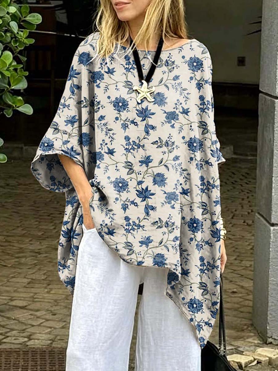 Women's Floral Art Print Casual Cotton Long Shirt
