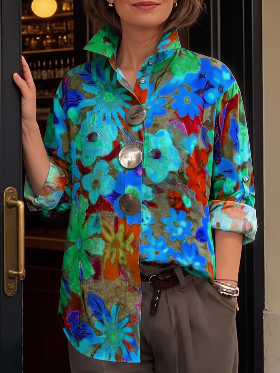 Women's Abstract Print Lapel Long-sleeve Casual Loose Cotton Shirt