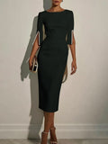 Women's Solid-color Round-neck 3/4-sleeve Casual Slim-fit Dress