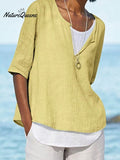Women's Solid Color Loose Elegant Casual Cotton And Linen Mid-sleeve Shirt