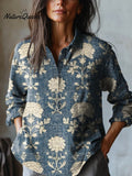 Women's Vintage Lovely Floral Art Print Casual Cotton And Linen Shirt