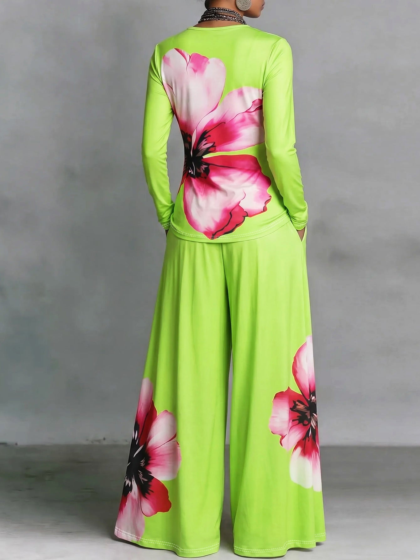 Stylish Printed Casual Cotton Top And Wide-leg Pants Two-piece Set