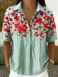 Women's Retro Color-block Floral & Striped Cotton-linen Short-sleeve Shirt
