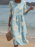 Women's CasualRound Neck Mid Sleeve Print Cotton and Linen Dress