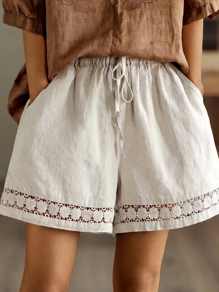 Floral Lace-trimmed Wide-leg Cotton-linen Shorts