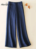 Women's Solid Color Button Half Elastic High Waist Casual Cotton and Linen Wide Leg Pants