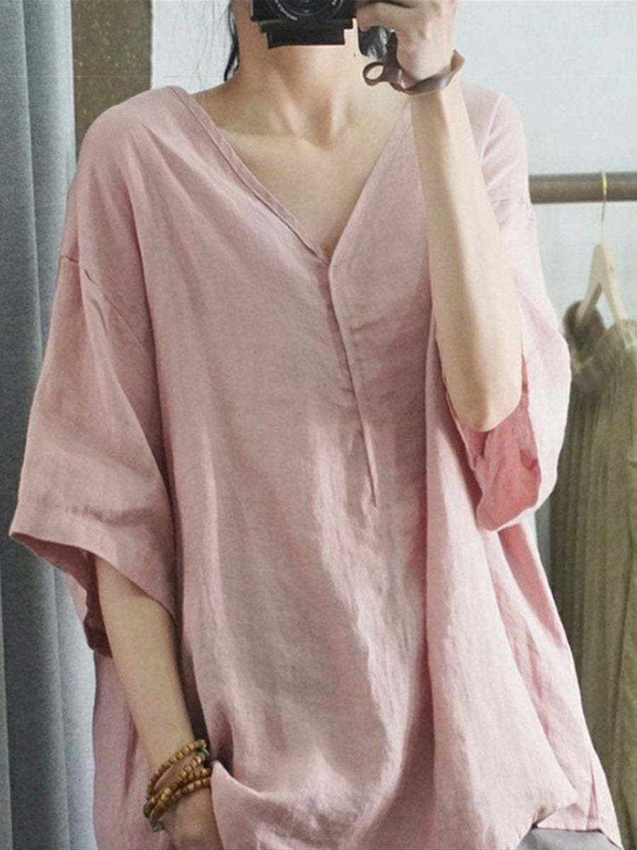 Women's Solid-color V-neck 3/4-sleeve Casual Loose Cotton-linen Top