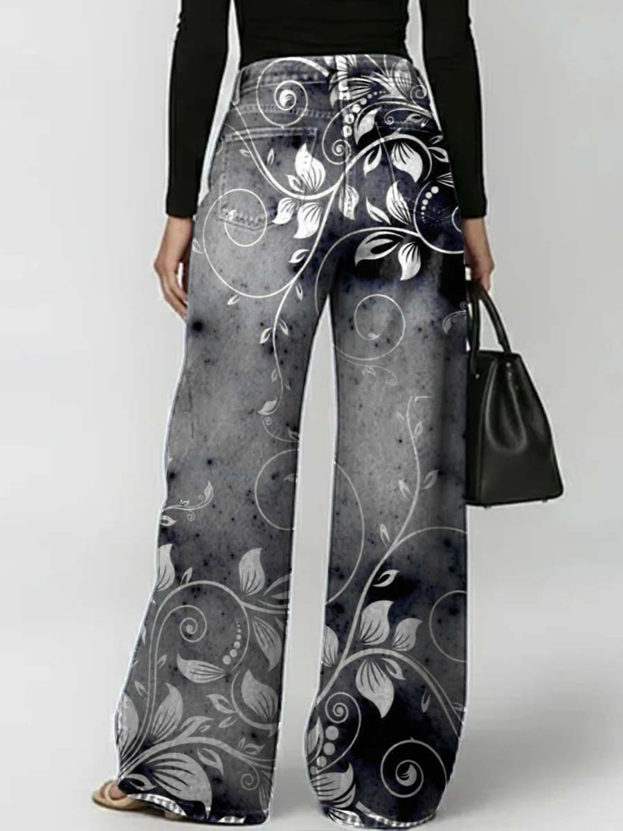 Women's Retro Floral Art Print Casual Stylish Hollow Denim Pants