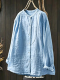 Loose-fit Cotton-linen Shirt With Stand Collar And Curved Placket