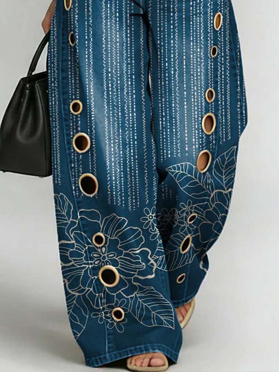 Women's Retro Floral Art Print Casual Stylish Hollow Denim Pants