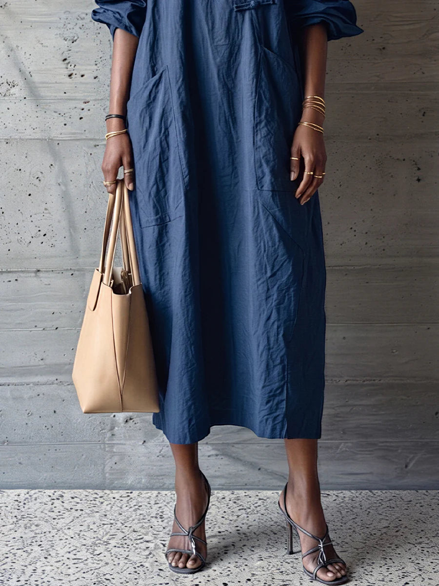 Navy Blue Textured Cotton-linen Frog Button Placket Collar Loose Shirt Midi Dress