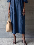 Navy Blue Textured Cotton-linen Frog Button Placket Collar Loose Shirt Midi Dress
