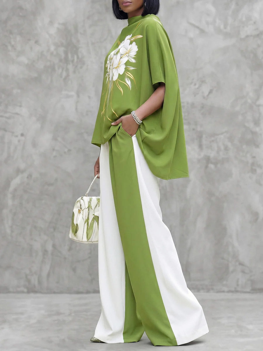 Women's Green Floral Art Stylish Casual Top And Pants Cotton Two-piece Set
