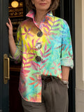 Women's Colorful Botanical Print Cotton Shirt — Turn-down Collar, Long Sleeves, Relaxed Fit