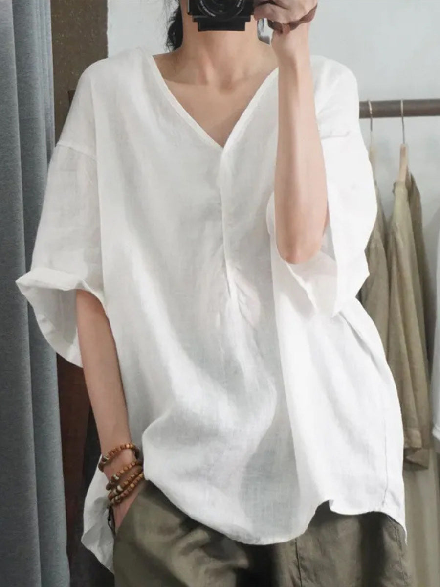 Women's Solid-color V-neck 3/4-sleeve Casual Loose Cotton-linen Top