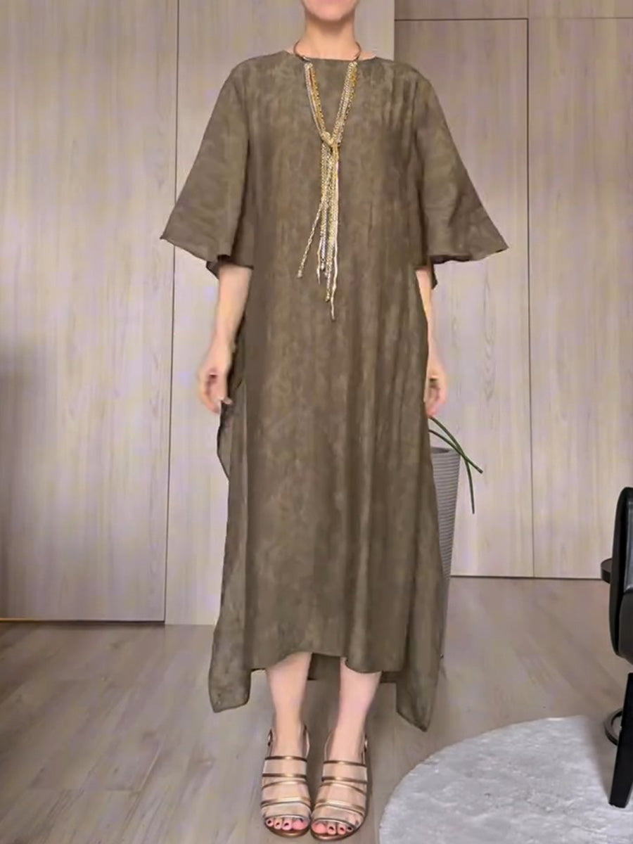 Women's Solid-color Round-neck 3/4-sleeve Casual Loose-fit Dress