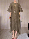 Women's Solid-color Round-neck 3/4-sleeve Casual Loose-fit Dress