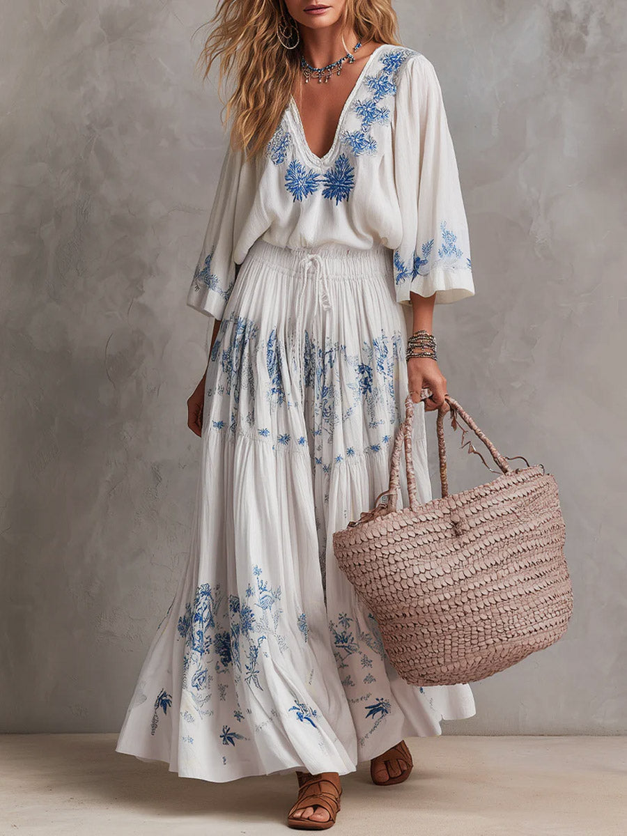 Women's Retro Floral Pattern Art Stylish Cotton Linen Maxi Dress
