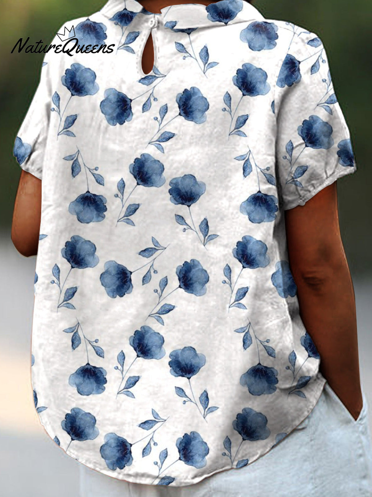 Women's Small Blue Ink Flowers Print Casual Cotton And Linen Shirt