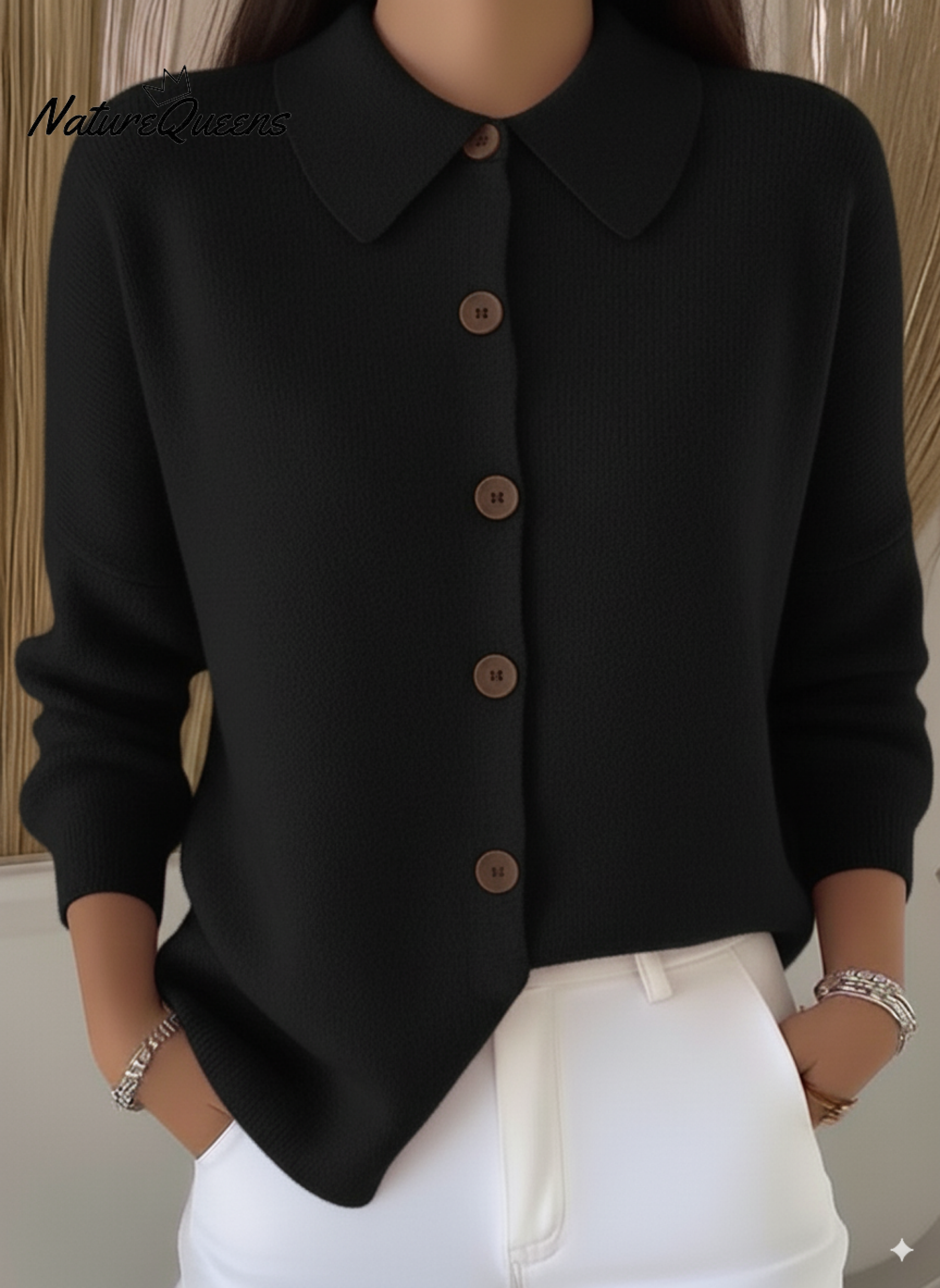 Peter Flip Soft Wool Collar Button-Down Cardigan Sweater Top
